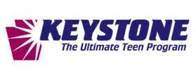 A blue and white logo of keystone